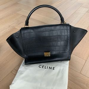 Celine Trapeze Handbag Black Stamped Croc